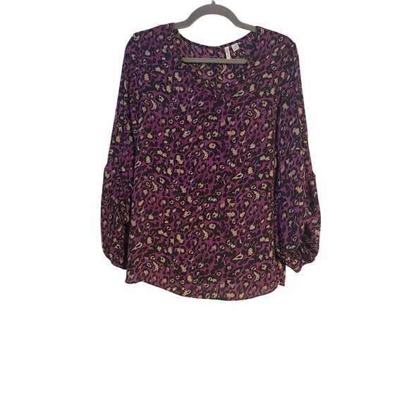 Cato Womens Purple Leopard Print Blouse 3/4 Sleeves Size M Flowy Peasant Artsy - Picture 1 of 12
